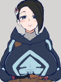 Rule 34 | 1girl, black hair, breasts, grey eyes, highres, image sample, large breasts, mai (pokemon), nintendo, pixiv sample, pokemon, pokemon legends: arceus, short hair, u na 765