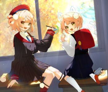 2girls absurdres aged_down animal_ears arm_support backpack bag beret blonde_hair blue_dress blue_ribbon blunt_bangs braid buttons cat_ears cat_tail classroom collared_shirt color_picker commentary crime_prevention_buzzer dappled_sunlight desk double-breasted drawn_ears drawn_tail dress dress_shirt gangyun green_eyes grey_jacket grey_skirt hair_ornament hair_rings hat highres indie_virtual_youtuber indoors jacket kneehighs kneeling legwear_garter light_particles long_sleeves looking_at_viewer miniskirt multiple_girls multiple_persona neck_ribbon official_alternate_hairstyle on_desk overexposure pencil_case pinafore_dress pinstripe_jacket pinstripe_pattern pinstripe_skirt pleated_dress pleated_skirt pom_pom_(clothes) pom_pom_hair_ornament randoseru red_bag red_hat red_sailor_collar red_socks ribbon sailor_collar school school_desk school_uniform shigure_ui_(vtuber) shigure_ui_(vtuber)_(1st_costume) shigure_ui_(vtuber)_(young) shirt shoes short_hair side_braid side_part side_up_ring sitting skirt sleeve_cuffs sleeveless sleeveless_dress socks sunlight tail twintails uwabaki virtual_youtuber white_shirt white_shoes white_socks window
