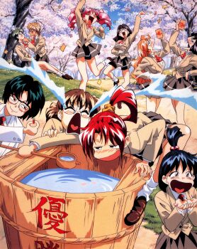 1990s_(style) arm_up asai_mayumi ascot basket black_hair blazer blonde_hair blush bow bowtie brown_hair brown_jacket brown_shoes brown_skirt cherry_blossoms climbing closed_eyes confetti crying day doki_doki_pretty_league drill_hair drinking green_hair hair_bobbles hair_ornament half-closed_eyes hayashi_kyouko_(doki_doki_pretty_league) high_ponytail highres holding holding_basket holding_ladle holding_pill implied_drugging jacket kawai_hiroko kimura_yuka lab_coat ladle loafers looking_at_another makino_izumi miniskirt nagashima_shigeko nakayama_reiko necktie non-web_source nonohara_chiaki official_art open_mouth outdoors pill pink_hair pleated_skirt ponytail red_ascot red_bow red_bowtie red_hair red_necktie retro_artstyle rimless_eyewear school_uniform shoes skirt standing streaming_tears sunaga_tomomi takizawa_kaoru tears twin_drills water yuri