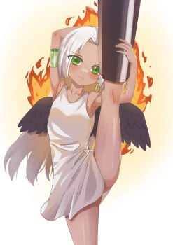 1girl absurdres armpits arms_up ass_peek black_wings blood closed_mouth dark-skinned_female dark_skin dress earrings feathered_wings fire frown green_blood green_eyes highres jewelry leg_hold leg_lift long_hair one_piece rezebeee s-snake seraphim_(one_piece) snake_earrings solo star-shaped_pupils star_(symbol) symbol-shaped_pupils white_dress white_hair wings