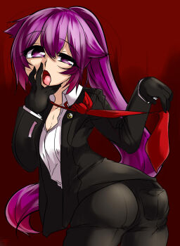 1girl ass black_gloves black_pants black_suit breasts cleavage commentary_request flipped_hair formal_clothes gloves hair_between_eyes half-closed_eyes konishi_ayano koushinism lawyer necktie pants ponytail purple_eyes purple_hair red_background red_necktie shirt suit tongue white_shirt yuubinuke