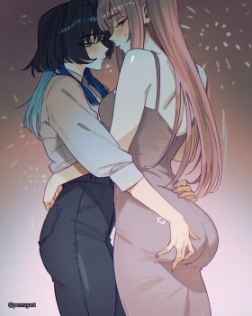 aerial_fireworks ass bare_arms black_hair blue_eyes blue_hair blunt_bangs blush breasts collared_shirt colored_inner_hair denim dress face-to-face fireworks grabbing_another's_ass groping hair_intakes highres hololive hololive_english hug jeans large_breasts long_hair mori_calliope multicolored_hair ouro_kronii pants pink_dress pink_eyes pink_hair pomuya shirt shirt_tucked_in sidelocks sleeveless sleeveless_dress standing straight_hair three-quarter_sleeves virtual_youtuber white_shirt wolf_cut yuri