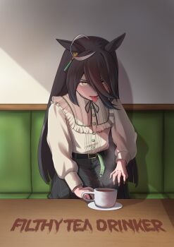 1girl absurdres ahoge animal_ears belt black_belt black_hair black_ribbon black_skirt coffee cup ear_ornament ear_tag earrings earthmusic40258 hair_between_eyes highres horse_ears horse_girl jewelry long_bangs long_hair long_hair_between_eyes manhattan_cafe_(umamusume) multicolored_hair neck_ribbon plaid_clothes plaid_skirt plate ribbon shirt shirt_tucked_in single_earring skirt solo table tongue tongue_out umamusume very_long_hair white_hair yellow_eyes yellow_shirt