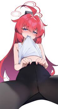 1girl ahoge black_pantyhose blue_archive blue_eyes blush chinese_commentary clothes_in_mouth clothes_lift commentary_request crotch_seam halo heart heart-shaped_pupils highres lifting_own_clothes long_hair maki_(blue_archive) maki_(pajamas)_(blue_archive) mouth_hold painterliuhao pantyhose pantyhose_tug red_hair red_halo shirt_lift simple_background sitting solo symbol-shaped_pupils tank_top white_background white_tank_top