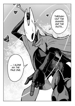 arthropod_girl artist_name border cloak cogfly_(hollow_knight) english_text greyscale highres holding holding_needle hollow_knight hollow_knight:_silksong hornet_(hollow_knight) jujutsu_kaisen knighteanight mask monochrome needle needle_(hollow_knight) needle_sword pointing string white_border