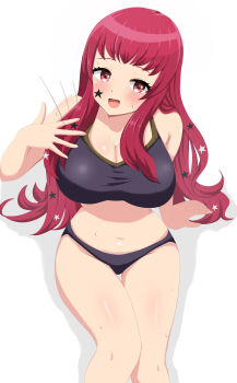 absurdres arm_support black_panties black_sports_bra blush breasts cleavage facial_mark fanning_face fire_emblem fire_emblem_engage from_above hair_ornament highres large_breasts long_hair looking_at_viewer midriff nintendo open_mouth panties patty_ojisan red_eyes red_hair sidelocks sitting sports_bra star_(symbol) star_facial_mark star_hair_ornament sweat underwear white_background yunaka_(fire_emblem)