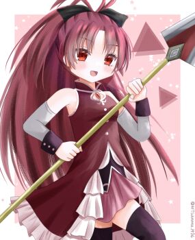 1girl :d arisuuuuu.1436 bare_shoulders black_bow black_thighhighs black_wrist_cuffs blush border bow breasts buttons chest_jewel commentary detached_sleeves dot_nose dress frilled_dress frills gem hair_bow high_collar high_ponytail highres holding holding_polearm holding_weapon long_hair looking_ahead magical_girl mahou_shoujo_madoka_magica mahou_shoujo_madoka_magica_(anime) open_mouth outline outside_border parted_bangs pink_outline polearm ponytail red_dress red_eyes red_gem red_hair red_skirt sakura_kyoko sakura_kyoko_(magical_girl) skirt skirt_under_dress small_breasts smile solo soul_gem spear star_(symbol) thighhighs triangle twitter_username very_long_hair weapon wrist_cuffs zettai_ryouiki
