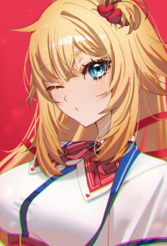 Rule 34 | 1girl, absurdres, akai haato, akai haato (1st costume), blonde hair, blue eyes, blush, collared shirt, commentary request, hair ornament, hair ribbon, heart, heart hair ornament, highres, hololive, long hair, looking at viewer, one eye closed, rayla (rayla illust), red background, red ribbon, ribbon, shirt, side ponytail, solo, virtual youtuber, white shirt