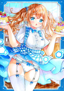 1girl :o apron blue_border blue_bow blue_bowtie blue_eyes blue_skirt blush border bow bowtie breasts cameltoe clothes_lift commentary_request cowboy_shot crotch_seam double-parted_bangs floating_clothes floating_hair food fruit garter_belt garter_straps hair_ornament hair_scrunchie highres holding holding_plate hoshinaruri0 impossible_clothes impossible_shirt kobeya_uniform large_breasts long_hair marker_(medium) open_mouth orange_hair original outside_border pancake pancake_stack panties pantyshot plaid_apron plaid_clothes plate raised_inner_eyebrows scrunchie shirt short_sleeves skirt skirt_lift solo standing strawberry traditional_media underwear watermark white_garter_belt white_garter_straps white_panties white_shirt