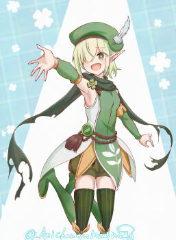 +_+ 1girl :d aoi_(princess_connect!) armpits beret blue_background blush boots breasts chokomin clover commentary_request detached_sleeves dress elf feathers four-leaf_clover full_body gloves green_boots green_eyes green_gloves green_hair green_hat green_scarf green_shirt green_shorts green_sleeves green_thighhighs hair_over_one_eye hat hat_feather highres jumping knee_boots legs_up looking_at_viewer open_mouth pointy_ears princess_connect! reaching scarf shirt short_hair shorts sleeveless sleeveless_shirt small_breasts smile solo striped_clothes striped_thighhighs thighhighs torn_clothes twitter_username two-tone_background two-tone_shirt vertical-striped_clothes vertical-striped_thighhighs white_dress