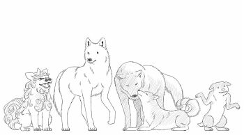 animal_focus animalization closed_eyes commentary curly_hair dog imaizumi_kagerou inubashiri_momiji kasodani_kyouko komainu komano_aunn mitsugashira_enoko multiple_tails no_humans open_mouth simple_background tail touhou white_background wolf yudepii