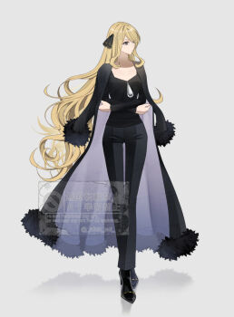 1girl black_jacket black_pants black_shirt blonde_hair cynthia_(pokemon) full_body green_eyes grey_background hair_ornament high_heels jacket long_hair nintendo pants pokemon pokemon_dppt sakaralalala shirt simple_background solo standing watermark