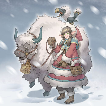 Rule 34 | 1girl, absurdres, animal, animal on head, bag, bell, bird, bird on head, blue capelet, boots, branch, bridle, brown bag, brown boots, brown hair, brown mittens, capelet, commentary request, creature, dress, elf, fantasy, full body, fur-trimmed dress, fur-trimmed headwear, fur-trimmed jacket, fur-trimmed sleeves, fur trim, green eyes, hair ornament, hat, highres, holding, holding branch, horns, impasto, jacket, lascalis, long hair, long pointy ears, looking up, mittens, on head, open mouth, original, painterly, pointy ears, red dress, red hat, red jacket, shoulder bag, smile, snow, snowing, solo