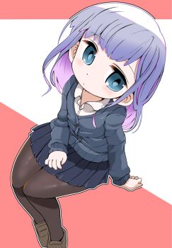 1girl aharen-san_wa_hakarenai aharen_reina arm_support blue_eyes blue_skirt brown_shoes cardigan closed_mouth collared_shirt commentary_request expressionless from_above grey_cardigan hand_on_lap highres kobawan_dam loafers long_hair long_sleeves looking_at_viewer outline pleated_skirt purple_hair red_background school_uniform shirt shoes sitting skirt solo two-tone_background white_background white_outline white_shirt