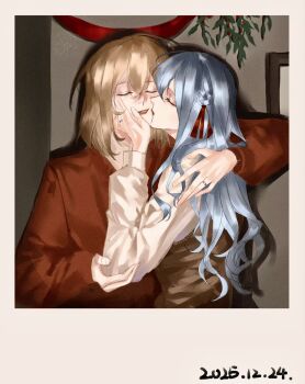 2girls bang_dream! bang_dream!_it's_mygo!!!!! blonde_hair blue_hair brown_sweater_vest closed_eyes commentary dated hair_ribbon highres jewelry kiss kissing_cheek long_hair long_sleeves medium_hair misumi_uika multiple_girls putaooking red_ribbon red_sweater ribbon ring shirt sidelocks sweater sweater_vest symbol-only_commentary togawa_sakiko wedding_ring white_shirt wife_and_wife yuri