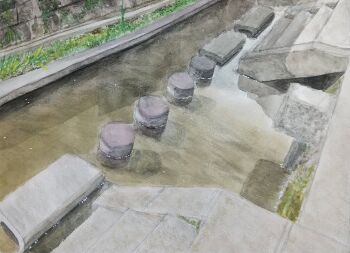 brick_wall concrete day harusa1107 highres no_humans original painting_(medium) scenery shadow shallow_water stairs sunlight traditional_media water watercolor_(medium)