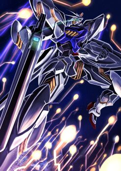 Rule 34 | aqua eyes, beam rifle, bit (gundam), commentary request, deraken, earth (planet), energy gun, eye trail, glowing, glowing eyes, gun, gundam, gundam age, gundam legilis, highres, holding, holding gun, holding weapon, light trail, mecha, mecha focus, mobile suit, no humans, planet, robot, science fiction, solo, space, v-fin, weapon