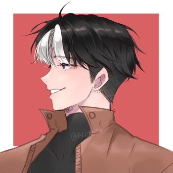 1boy absurdres batman_(series) black_hair black_shirt blue_eyes brown_coat coat commentary dc_comics english_commentary highres jason_todd kuraedo looking_ahead male_focus multicolored_hair portrait profile shirt short_hair smile solo two-tone_hair white_hair