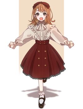 1girl :d ankle_socks black_shoes bobby_socks bow braid brown_background brown_hair buttons center_frills dot_nose flat_chest footwear_bow frilled_sleeves frills full_body grey_eyes hair_ribbon hanasato_minori happy high-waist_skirt koyuto_(koyutotyokoreto) light_blush long_skirt long_sleeves looking_at_viewer mary_janes medium_hair neck_ribbon open_mouth project_sekai puffy_long_sleeves puffy_sleeves red_ribbon red_skirt ribbon shadow shirt shoes simple_background skirt smile socks solo spread_legs square standing standing_on_one_leg striped_clothes striped_skirt swept_bangs two-tone_background vertical-striped_clothes vertical-striped_skirt white_background white_ribbon white_shirt white_socks wide-eyed