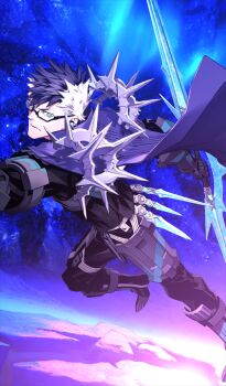Rule 34 | 1boy, arm armor, armored boots, black-framed eyewear, black hair, black pants, black shirt, blue background, blue eyes, boots, cape, closed mouth, commentary request, fate/grand order, fate (series), foot out of frame, game cg, gauntlets, glasses, glowing, glowing sword, glowing weapon, gram (fate), harness, holding, holding sword, holding weapon, long sleeves, male focus, medium hair, miwa shirow, multicolored hair, official art, pants, purple cape, semi-rimless eyewear, sheath, shirt, sigurd (fate), solo, spiked hair, sword, third-party source, turtleneck, two-tone hair, under-rim eyewear, v-shaped eyebrows, weapon, white hair