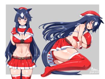 1girl a.nori absurdres alternate_costume animal_ears ass belt bikini blue_hair breasts cleavage closed_mouth collarbone commentary_request dated gloves grey_background hair_between_eyes hair_ornament hat highres horse_ears horse_tail large_breasts looking_at_viewer mole mole_under_eye navel santa_bikini santa_costume santa_hat smile solo swimsuit tail thighhighs umamusume verxina_(umamusume)