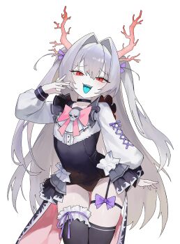 Rule 34 | 1girl, absurdres, aqua tongue, black choker, black leotard, black skirt, black thighhighs, bow, choker, commentary, commission, covered navel, cowboy shot, double-parted bangs, frilled skirt, frilled thigh strap, frills, grey hair, hair between eyes, hand up, highres, horns, leotard, long hair, long sleeves, looking at viewer, nbee ya, original, pink horns, pink ribbon, purple bow, purple ribbon, red eyes, ribbon, sharp teeth, simple background, skirt, skull ornament, solo, standing, teeth, thigh gap, thigh strap, thighhighs, thighs, tongue, tongue out, upper teeth only, white background