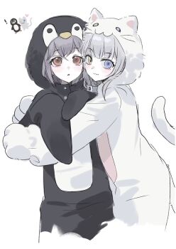 ! 2girls :3 :o animal_costume animal_ears bang_dream! bang_dream!_it&#039;s_mygo!!!!! bird blue_eyes blush cat cat_costume cat_ears cat_tail chinese_commentary closed_mouth commentary_request cropped_legs crossed_bangs doodle_inset grey_hair hands_up heads_together heart heterochromia highres hug_from_side kaname_raana leqing68425 looking_at_viewer medium_hair multiple_girls parted_lips penguin penguin_costume red_eyes short_hair side-by-side simple_background tail takamatsu_tomori white_background yellow_eyes