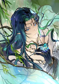 1boy aqua_hair bangle bird bird_on_hand black_gloves blue_eyes blue_hair blue_wings bracelet chinese_commentary circlet clarence_clayden closed_mouth collarbone colored_inner_hair curtained_hair earrings expressionless fairy fairy_wings folded_wings gem gloves gold_choker green_gemstone green_hair hand_up highres jewelry long_hair looking_at_viewer lovebrush_chronicles male_focus mole mole_under_eye multicolored_hair off_shoulder official_alternate_costume parted_bangs pointy_ears robe single_earring solo streaked_hair tang_qi_zang upper_body upturned_eyes wavy_hair white_robe wide_sleeves willow wings
