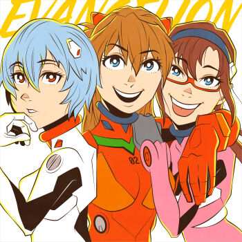 3girls :d absurdres arm_around_shoulder ayanami_rei blue_eyes blue_hair bodysuit brown_hair caricature copyright_name gakushiono glasses hairband hand_on_another's_shoulder hand_up highres looking_at_viewer makinami_mari_illustrious mecha_pilot_suit multiple_girls neon_genesis_evangelion open_mouth plugsuit_(evangelion) red_eyes short_hair smile souryuu_asuka_langley upper_body