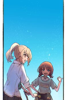 Rule 34 | 2girls, annoyed, blue eyes, blue sky, brown hair, collared shirt, commentary request, day, girls band cry, green necktie, grin, iseri nina, kawaragi momoka, light brown hair, long hair, multiple girls, necktie, open mouth, outdoors, ponytail, setou (bpdne), shirt, short sleeves, short twintails, sky, sleeves rolled up, smile, twintails, white shirt