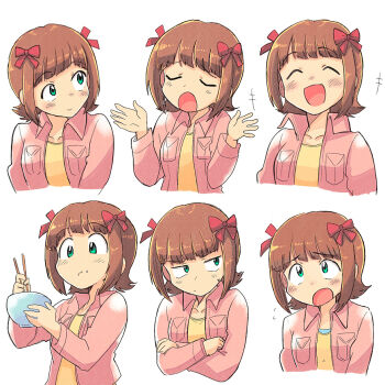 Rule 34 | 1girl, :d, :o, ^ ^, amami haruka, bow, bowl, breast pocket, brown hair, chopsticks, closed eyes, closed mouth, collared jacket, cropped torso, crossed arms, food, food on face, green eyes, hair bow, hands up, holding, holding bowl, holding chopsticks, idolmaster, idolmaster (classic), jacket, long sleeves, multiple hair bows, multiple views, open mouth, pink jacket, pocket, red bow, rice, rice on face, short hair, sideways glance, simple background, smile, tsubobot, white background