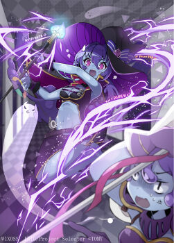 1girl 2girls black_hat black_tube_top blue_skin breasts colored_skin copyright_notice hat highres holding holding_staff kei_s01 looking_at_viewer multiple_girls official_art open_mouth purple_hair red_eyes slime_mage_(wixoss) small_breasts solo staff strapless sweatdrop teeth tube_top upper_teeth_only witch_hat wixoss