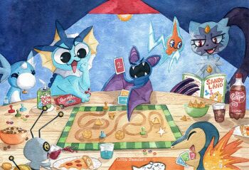angry blue_eyes board_game book bottle bowl brand_name_imitation candy card chips_(food) commentary cup cyndaquil dr_pepper dratini drinking_glass drinking_straw english_commentary fang fangs food gen_1_pokemon gen_2_pokemon gen_4_pokemon gimmighoul gimmighoul_(roaming) happy highres holding indoors mountain_dew nintendo no_humans open_mouth pizza plate playing_card pokemon pokemon_(creature) rotom sandshrew skittles smile sneasler soda soda_bottle trulyavaporeon vaporeon wine_glass wings zubat