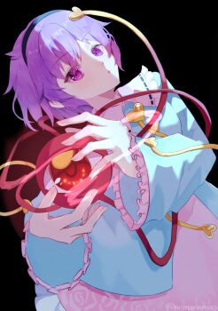1girl blue_shirt blush bow buttons eyeball frilled_shirt_collar frills hair_ornament hairband hat heart heart_button heart_hair_ornament heart_of_string highres komeiji_satori long_sleeves looking_at_viewer nemanemao open_mouth pink_eyes pink_skirt purple_hair ribbon-trimmed_collar ribbon_trim shirt short_hair skirt smile solo third_eye touhou wide_sleeves