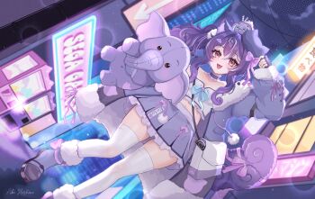 Rule 34 | 1girl, absurdres, aki hoshino, animal ear fluff, animal ears, bag, bare shoulders, bow, cat ears, cat girl, cat rollss, cat tail, cloud, cloud hair ornament, coat, collarbone, commission, fingerless gloves, gloves, grey skirt, handbag, hat, hat bow, highres, holding, holding stuffed toy, indie virtual youtuber, long sleeves, midriff, navel, night, open clothes, open coat, open mouth, pink eyes, purple bow, purple hair, purple ribbon, ribbon, signature, skirt, smile, stuffed animal, stuffed elephant, stuffed toy, tail, tail ornament, tail ribbon, thighhighs, virtual youtuber, white bag, white thighhighs