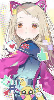 1girl :o animal_ear_hairband animal_ears bag belt black_belt blonde_hair blush cat_ears colored_eyelashes commentary cowboy_shot emoji fake_animal_ears from_side gakuen_idolmaster glitch gradient_clothes gradient_jacket hairband heart highres idolmaster jacket long_hair long_sleeves looking_at_viewer looking_to_the_side measho meme miracle_na_now!_(idolmaster) multicolored_jacket orange_eyes parted_bangs parted_lips pink_jacket pleading_face_emoji sad_banana_cat_(meme) shinosawa_hiro shoulder_bag solo speech_bubble spoken_heart sweat thick_eyelashes thumbs_up_emoji yellow_bag