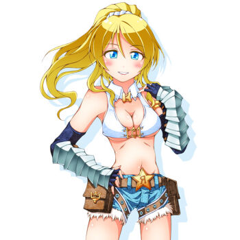 1girl ayase_eli belt belt_buckle belt_pouch bikini bikini_top_only black_gloves blonde_hair blue_eyes blue_shorts blush breasts brown_belt buckle cleavage commentary_request cosplay cowboy_shot denim denim_shorts fingerless_gloves fur-trimmed_shorts fur_trim gloves grin hair_ornament hair_scrunchie hand_on_own_hip long_hair looking_at_viewer love_live! love_live!_school_idol_project medium_breasts navel ponytail pouch ragnarok_online saaki_(sa-ki) scrunchie short_shorts shorts simple_background smile solo star_(symbol) swimsuit vambraces white_background white_bikini white_scrunchie whitesmith_(ragnarok_online) whitesmith_(ragnarok_online)_(cosplay)