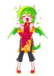 Rule 34 | 1girl, absurdres, black pants, blush stickers, china dress, chinese clothes, draco centauros, dragon girl, dragon horns, dragon tail, dragon wings, dress, fang, green hair, highres, horns, long sleeves, offbeat, open mouth, pants, pointy ears, puyopuyo, red dress, red footwear, short hair, simple background, smile, solo, tail, white background, wings