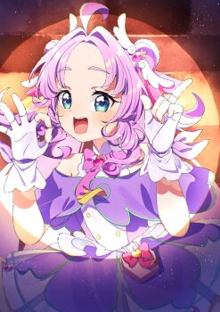 Rule 34 | 1girl, absurdres, ahoge, akechi anna, anime coloring, artist name, blue eyes, bow, bowtie, brooch, capelet, cowboy shot, cure answer, double bun, dress, fingerless gloves, gloves, hair bun, hair intakes, hair ornament, heart, heart brooch, highres, index finger raised, jewelry, kamore ruri, long hair, looking at viewer, magical girl, medium dress, meitantei precure!, ok sign, open mouth, pact holder, precure, purple bow, purple bowtie, purple capelet, purple dress, purple hair, signature, sleeveless, sleeveless dress, smile, solo, white gloves, wing hair ornament