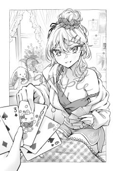 1girl 1other alisa_mikhailovna_kujou blush breasts card cleavage collarbone commentary_request crossed_bangs drawstring greyscale hair_between_eyes hair_ornament hair_ribbon hair_scrunchie hair_up heart heart_hair_ornament highres holding holding_card hood hood_down hoodie indoors joker_(playing_card) large_breasts long_hair looking_at_viewer monochrome off_shoulder official_art outside_border playing_card polka_dot polka_dot_scrunchie pov ribbon sample_watermark scrunchie short_shorts shorts single_bare_shoulder sitting smile smug solo_focus strap_slip stuffed_animal stuffed_rabbit stuffed_toy tenacitysaho tokidoki_bosotto_roshia-go_de_dereru_tonari_no_alya-san watermark