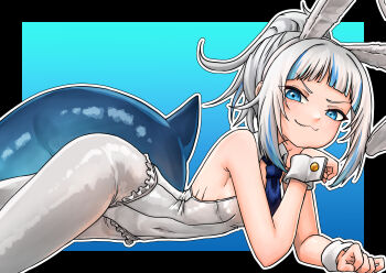 1girl alternate_costume animal_ears blue_streaks breasts closed_mouth fake_animal_ears fins fish_tail gawr_gura highres hololive hololive_english leotard looking_at_viewer medium_hair multicolored_hair pantyhose ponytail rabbit_ears shark_girl shark_tail small_breasts smile solo streaked_hair superfann tail virtual_youtuber white_leotard white_pantyhose white_wrist_cuffs wrist_cuffs