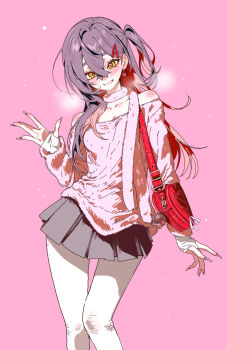 1girl 5oh5s2 bag bare_shoulders black_hair black_skirt blush breasts carmine_(pokemon) crossed_bangs hair_between_eyes hair_ornament hairclip highres long_hair long_sleeves looking_at_viewer mole mole_under_eye multicolored_hair nintendo off-shoulder_sweater off_shoulder parted_lips pink_background pink_sweater pokemon pokemon_sv red_hair shoulder_bag simple_background skirt smile sweater yellow_eyes