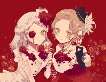 2girls :o black_gloves blonde_hair blush bridal_veil champagne_flute cup dress drinking_glass earrings emily_dyer emily_dyer_(risktaker) eric_knikki facial_mark flower flower_ornament flower_over_eye fur-trimmed_dress fur_trim gloves grey_hair half_up_bun holding holding_cup identity_v jewelry lace lace_sleeves light_smile multiple_girls official_alternate_costume red_dress red_flower red_rose red_theme rose smile updo veil vera_nair vera_nair_(crimson_bride) watermark white_dress white_hair yellow_eyes