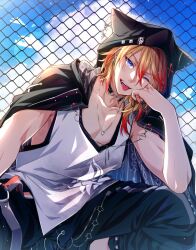 Rule 34 | axel syrios, axel syrios (2nd costume), blonde hair, blue eyes, blue sky, chain, chain-link fence, cloud, collarbone, commentary, ear piercing, earrings, fence, hair between eyes, half-closed eye, highres, holostars, holostars english, hood, hood up, jacket, jacket on shoulders, jewelry, light particles, long hair, looking at viewer, male focus, multicolored hair, multiple earrings, opal (opalkuji), open clothes, open jacket, open mouth, piercing, red hair, sky, smile, solo, squatting, streaked hair, symbol-only commentary, tank top, teeth, thigh strap, tongue, tongue out, two-tone hair, virtual youtuber, white tank top