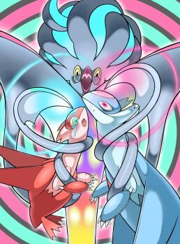 1boy 1girl 1other :o black_sclera colored_sclera dragon evil_smile forced full_body gen_3_pokemon gen_6_pokemon glowing glowing_eyes highres hypnosis latias latios legendary_pokemon looking_at_viewer malamar mega_malamar mega_pokemon mind_control nintendo no_humans open_mouth pokemon pokemon_(creature) pokemon_focus restrained shaded_face smile squid tears tentacles watashihae yellow_eyes