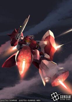 artist_request bandai battle beam_rifle cable cloud company_name copyright_logo copyright_name copyright_notice energy_gun firing flying gun gundam gundam_card_game gundam_hathaway's_flash holding holding_weapon logo machine_gun mecha mecha_focus messer_(mobile_suit) mobile_suit night no_humans official_art one-eyed pink_eyes promotional_art realistic robot science_fiction shield shoulder_spikes solo spikes thrusters title weapon