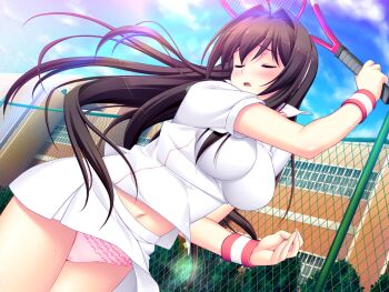 1girl blush breasts brown_hair chain-link_fence closed_eyes cloud day dutch_angle fence frilled_panties frills game_cg hair_intakes impossible_clothes impossible_shirt large_breasts long_hair maishima_yuri navel nerawareta_megami_tenshi_angel_tear non-web_source official_art open_mouth outdoors panties pantyshot pink_panties racket shirt skirt sky solo sportswear sweat tennis_racket tennis_uniform tsukumo_kazuita underwear variant_set wind wind_lift wristband