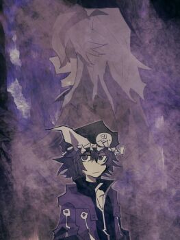 1girl 1other androgynous arrow_print black_hat black_shirt brown_capelet capelet chinese_commentary closed_mouth collarbone collared_shirt commentary_request dot_nose evil_smile expressionless frilled_headwear frown grey_hair hair_between_eyes hair_over_eyes hat high_collar highres hood hooded_jacket jacket len'en long_hair mob_cap open_clothes open_jacket open_mouth outline pointy_nose print_jacket projected_inset purple_background purple_eyes purple_hair purple_jacket shi_tong shirt shitodo_hoojiro shitodo_kuroji short_hair siblings smile triangular_headpiece upper_body white_outline zipper