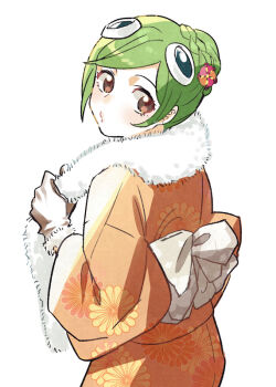 1girl alternate_hairstyle bleach braid brown_eyes bun_with_braided_base commentary_request from_side fur-trimmed_gloves fur_scarf fur_trim gloves green_hair hair_bun japanese_clothes kimono kuna_mashiro looking_back nigatsumikka o3o orange_kimono puckered_lips scarf single_hair_bun solo upper_body white_gloves white_scarf
