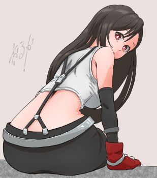 1girl bare_shoulders belt black_gloves black_hair black_skirt breasts commentary_request crop_top elbow_gloves final_fantasy final_fantasy_vii fingerless_gloves from_behind gloves highres large_breasts long_hair looking_at_viewer looking_back red_eyes red_gloves signature simple_background sitting skirt solo suspender_skirt suspenders swept_bangs tank_top tifa_lockhart white_tank_top wolkat